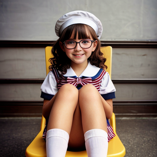 Cute adorable niña Chilindrina glasses con hair lazo curly con verano sailor uniforme escolar con zapatos negros escolar con calcetines blancos con sombrero sailor con sillas con colegio católico con foto grupal 6