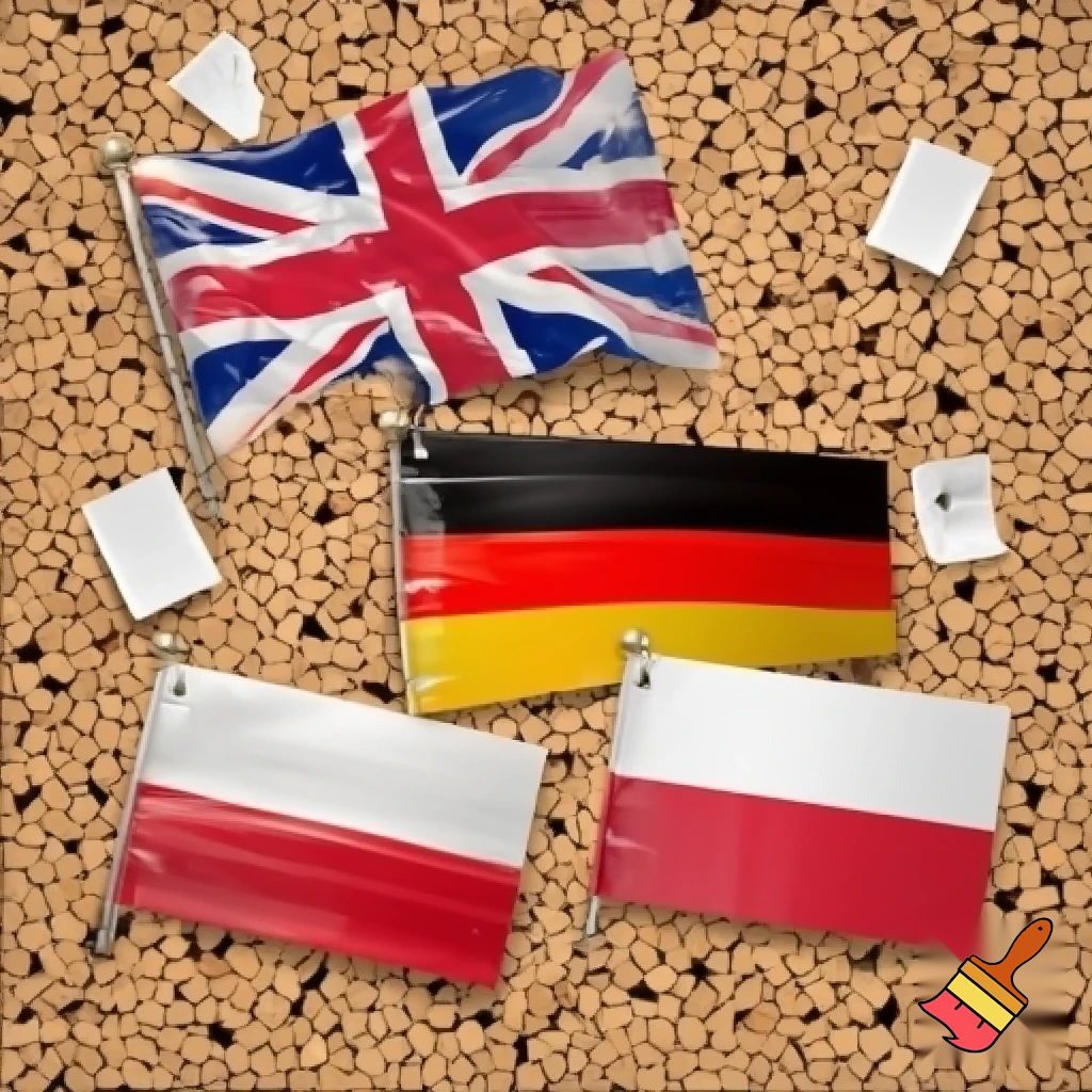 CORK BOARD WITH A BRITISH AND GERMAN AND POLISH FLAG ON IT
