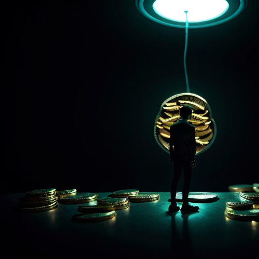 Faceless human silhouette thinking with glowing coins and abstract brain floating around, dark cinematic background, minimalistic style, mysterious and futuristic vibe, high resolution, cinematic lighting, centered composition, professional look