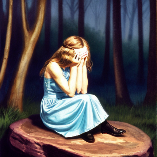Alice in wonderland 1951, Alice is sitting on a rock in the middle of the Tulgey Wood at night time. Alice is using both trembling hands to hold a large, thick handkerchief to cover her eyes. Alice is hunched over, her elbows braced upon her knees, as she sobs into the handkerchief. Tears are gushing plentifully, creating a pool of tears. 