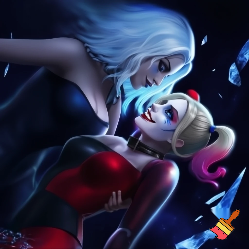 Killer frost crystal frost white hair blue eyes blue dark color bodysuit kissing Harley Quinn blonde hair two pigtails blue eyes red black jester outfit 