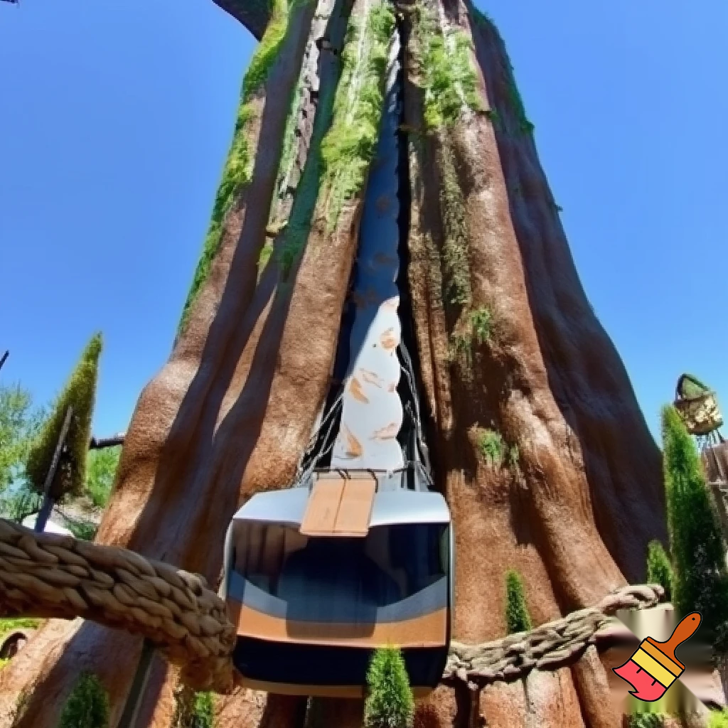 Make a realistic drop tower theme park ride inspired by the California redwood trees. With a restraint and goes up and down
