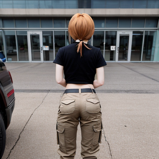 a anime girl with beige cargo pants turned around



