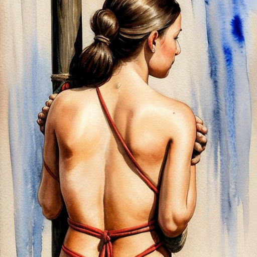 A severe whipping medieval scene involving a skinny girl as victim and a huge man as whipper. The girl standing tied up to a pole by wrists up to her head and bare back. The girl's back is red signed by the lashes received in severe way. The marcks have to by along the ribs crossing the back in orizontal and irregular. Important  the man must not touch the girl with his hands. I dont want ropes over the girl's back. It's a punishment like Gesu flogging. 
