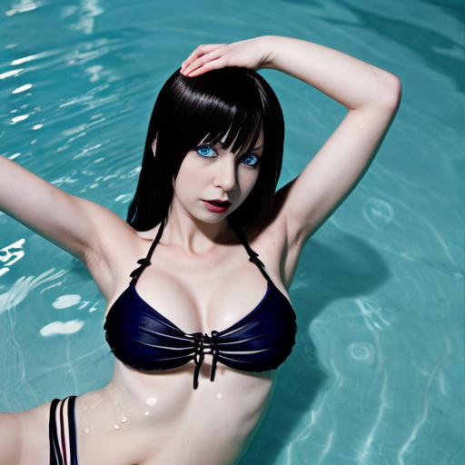 Gothic spider girl anime with blue eyes and a bikini, swimming with her legs spread.