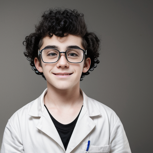 a teenager mad scientist boy with black curly hair