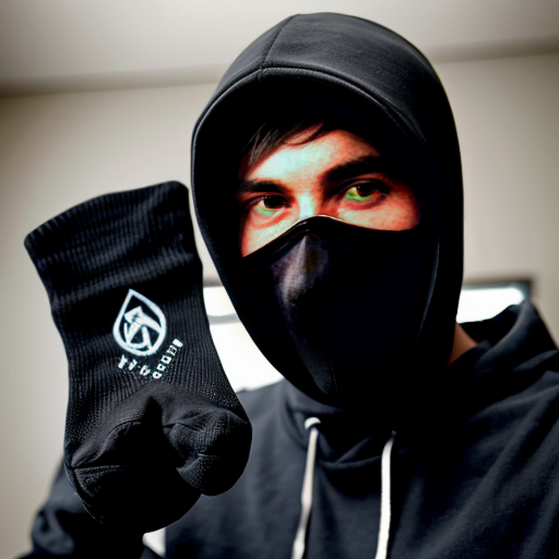 a guy in a black hoodie, wearing a black mask that covers his nose and mouth, wearing black sweaty dirty socks, showing the bottom of his socked foot, looming above the camera like a giant