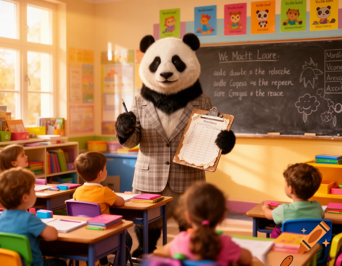 a panda teacer cheking if eveone is here in school