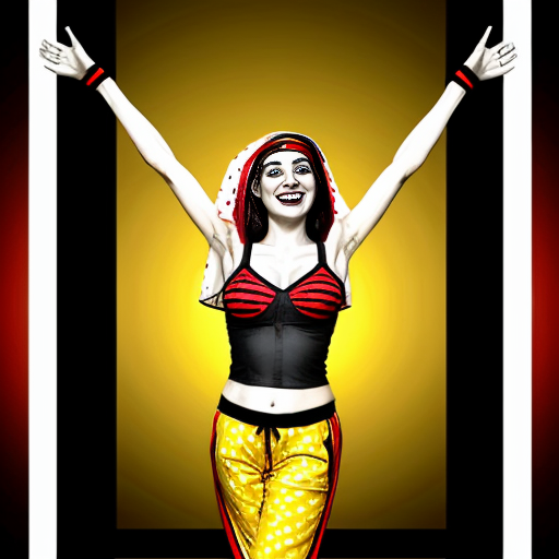 90's disney's 2d aladdin style comic black background and panels of panel 1 Harley Quinn with light black and red striped harem pants and bra and black and red curved slippers with both hand palms place together and hiding the bottom of her mouth with a light black and red striped veil wrapped around her arms and shoulders. 
panel 2 she danced with light black and red striped harem pants with light black and red striped bra and red and black curved slippers and with light black and red striped veil wrapped around her arms and shoulders and raising legs and bounced up and down her belly and shook her hips left and right. 
panel 3 as Harley Quinn with light black and red striped harem pants and bra and red and black curved slippers and with red and light black striped veil wrapped around her shoulders and arms and spreading her arms, happily revealing her face to the viewer and giving a smile as she shook her belly left and right. 
Panel 4 Harley Quinn with light black and red striped harem pants and bra and black and red curved slippers and with light black and red striped veil wrapped around her shoulders and arms has started to fading away , except her belly, which is bouncing around and growing. 
Panel 5 then the ball transforms into the fading in belly of red haired giganta barefoot with dark yellow spotted yellow harem pants and bra and dark yellow spotted yellow veil wrapped around her arms and shoulders with her swaying her hips. 
Panel 6 red haired giganta barefoot with dark yellow spotted yellow harem pants and bra and dark yellow veil wrapped around her arms and shoulders flexing her arms.