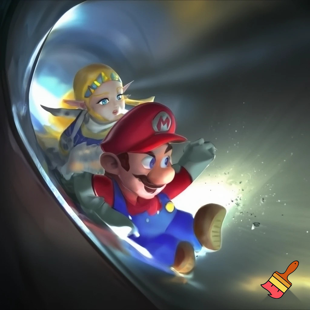 Mario sliding down a metal tube with zelda, the tube is wet