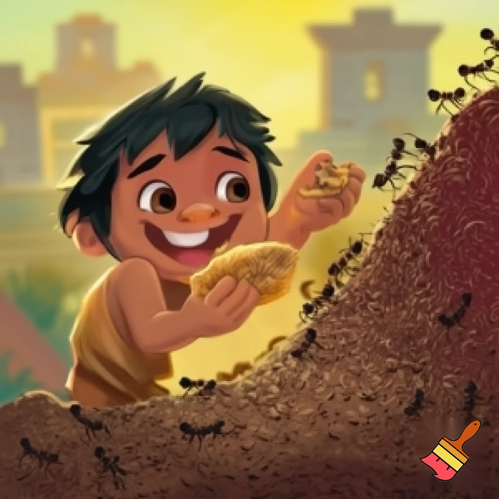 an Aztec boy playing eating ants out of an ant hill and putting them on a tortilla. and he is super happy its his favorite.
