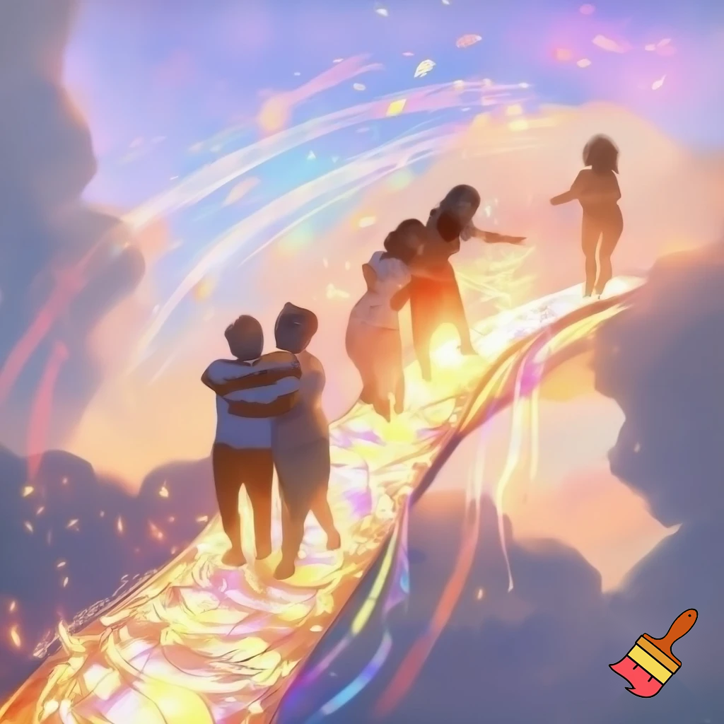 reuniting with friends on glowing floating pathway, laughter represented as colorful sparkles, warm magical sunlight, dreamy happiness”