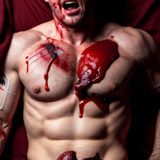 A gangster lifeless man body, shirt pull into shirtless, opened wounded making exposed ribs and gore on center chest, blood bleeding mouth, both eyes closed.