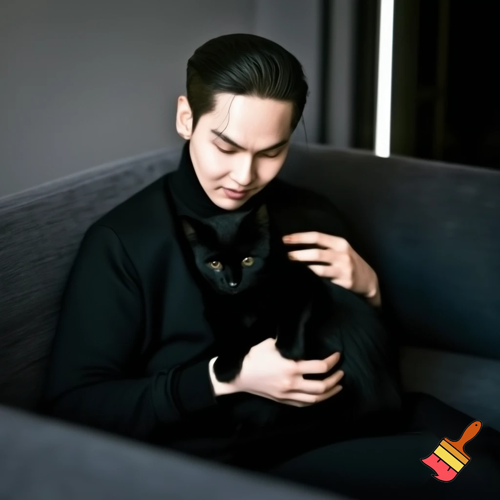 Suga bts rambut undercut slicked back sedang duduk di sofa sambil menggendong seekor kucing hitam background di dalam ruangan 