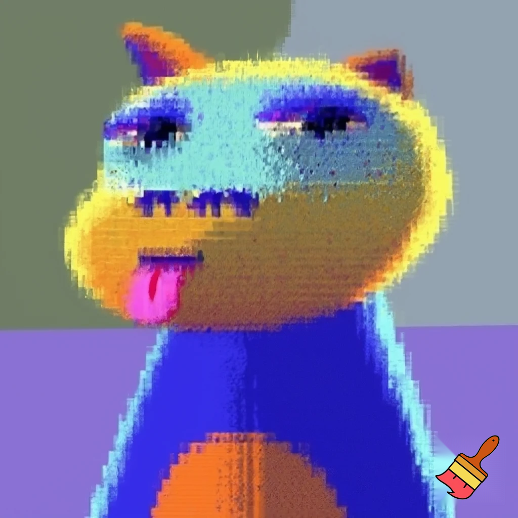 Colorful anthropomorphic animal low quality in 2010's style and blurry eyes making a basic pose with their tongue sticked out 