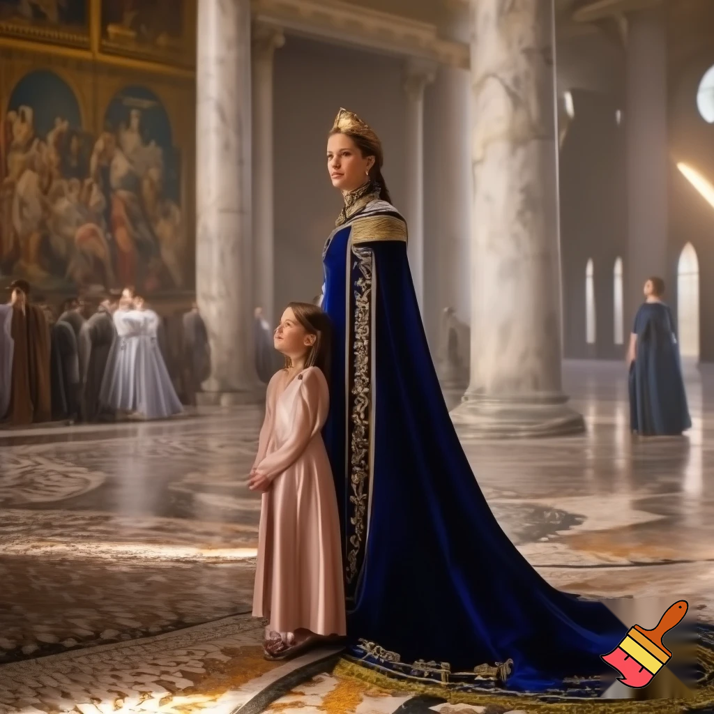 Generate a realistic queen inside of a palace with lots of maids and her princess next to the queen