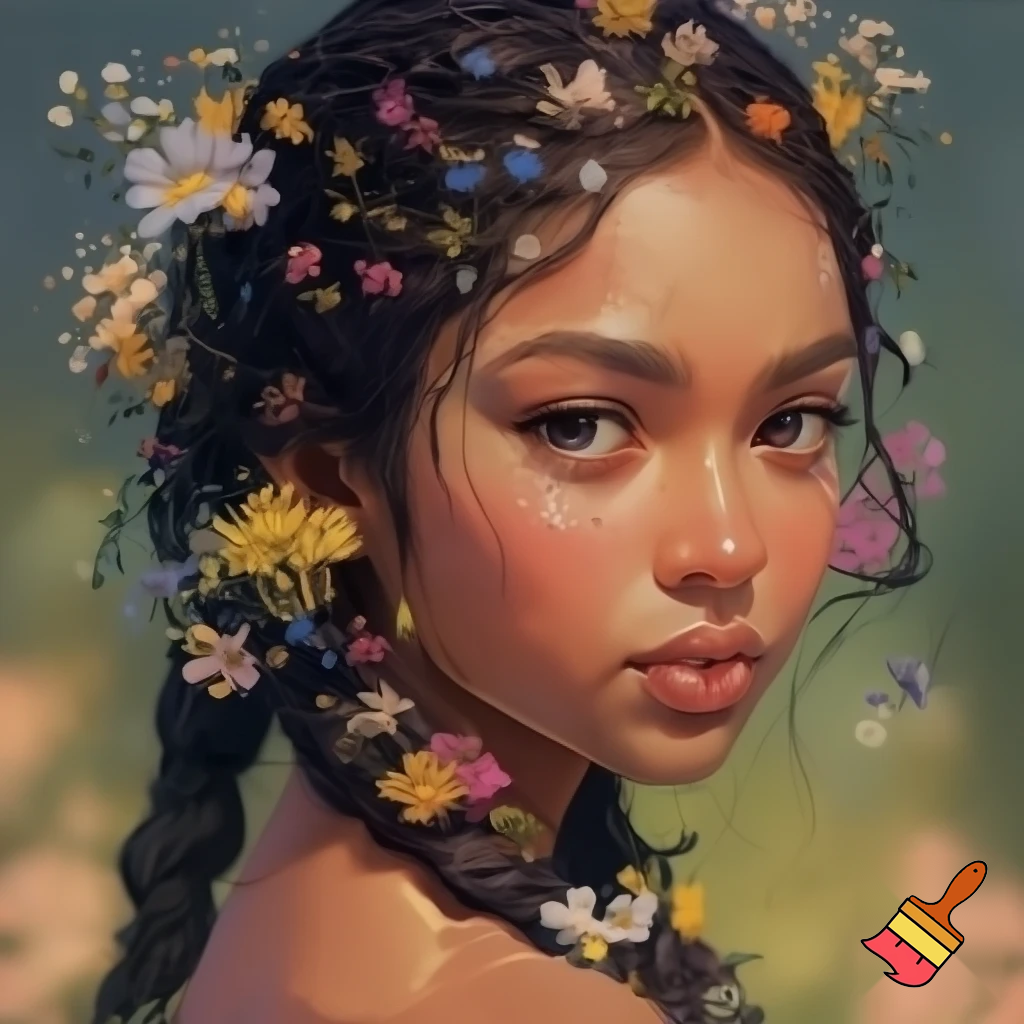 hair was neatly braided with flowers stuck in them, her face was skinny and her eyes were dark blue.