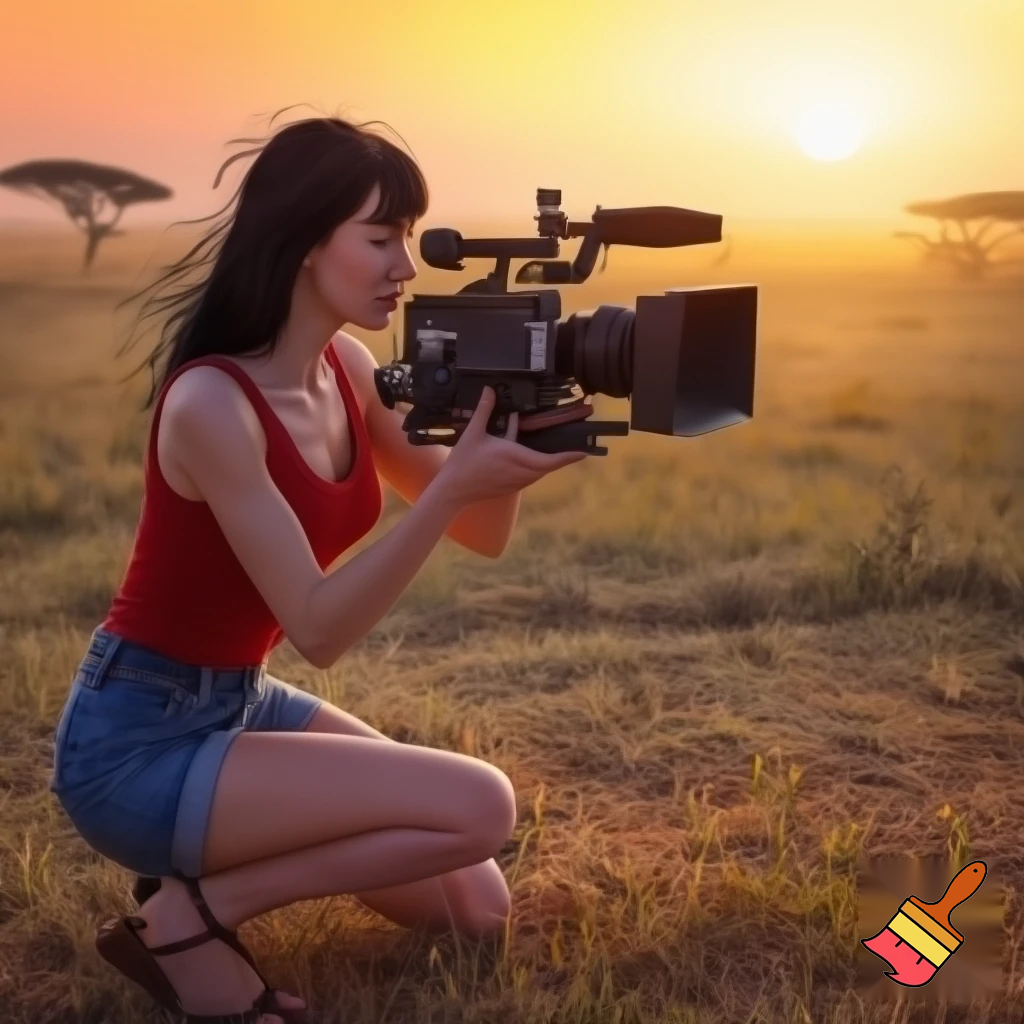 A cute and muscular black-long-and-side-swept-banged-haired fair white woman with arriflex digital camera and wearing red tank top and woman's blue short jeans and putting the sandals on her feet is filmming the plains of the Serengeti in Tanzania.