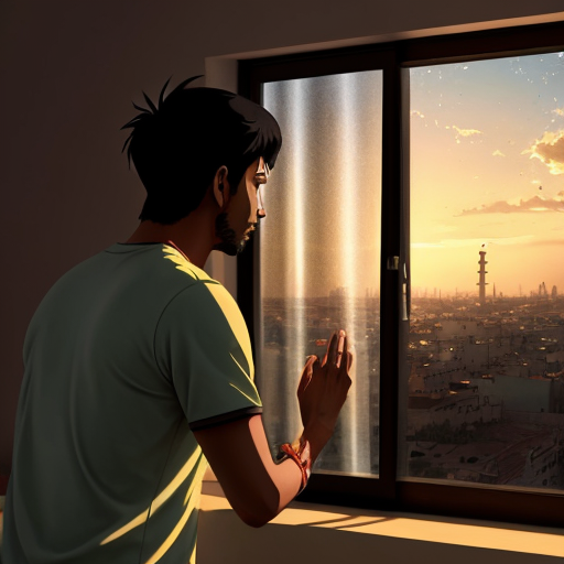 “Anime cinematic realism in Makoto Shinkai style, glowing warm sunlight falling through window, emotional Indian male standing near a window holding a guitar, eyes closed, feeling incomplete and lost in love, soft breeze moving curtains, vibrant colors with golden hour lighting, realistic reflections, subtle light particles in air, background showing a dreamy Indian rooftop skyline, gentle lens flare, high-detail illustration, cinematic composition for YouTube thumbnail — for song titled ‘Tohre Bina Adhura Lagela – Reprise Version | Bhojpuri Soul Song 2025 | Male Acoustic Version | Vishal Sah Song’.”