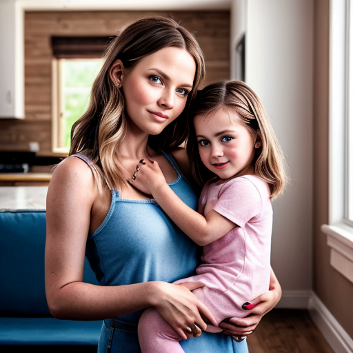 create a family photo of a 27 year old mother with dark blonde hair with blue eyes and her 2 year old daughter with blonde hair with blue eyes in pink at a house