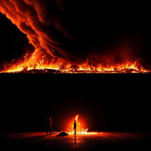 Surreal symbolic cinematic illustration.

All human figures are full-body solid silhouettes, completely filled with a single flat matte color. No facial features, no eyes, no mouth, no anatomy details, no clothing details, no texture.

Scene composition:

Foreground:

In a vast dark environment, a fallen male silhouette lies on the ground. A dark symbolic dagger shape is embedded in his chest. A deep red glow spreads beneath his body on the floor.

Midground:

Four solid-color human silhouettes kneel around him in grief, leaning toward him. From the center of their chests, intense flames rise upward, dramatic and dynamic.

Behind one grieving figure stands another silhouette holding an unlit torch. He lights his torch from the flame rising from the grieving figure’s chest that comes from his upper back when his chest is more toward the ground

Background:

A large crowd of solid-color silhouettes stands behind them, raising burning torches toward the sky.

Sky:

Above the entire scene, a massive swirling black cloud dominates the sky. The rising flames from the torches and burning chests reach upward and begin to burn and dissolve the dark cloud.

Lighting:

Extremely dark atmosphere. The only light sources are the flames. Strong cinematic contrast. Volumetric fire glow. Light reflecting softly on the matte silhouettes.

Mood:

Epic, emotional, symbolic, tragic yet revolutionary. Wide cinematic composition, low camera angle, dramatic scale, high detail, 4k.