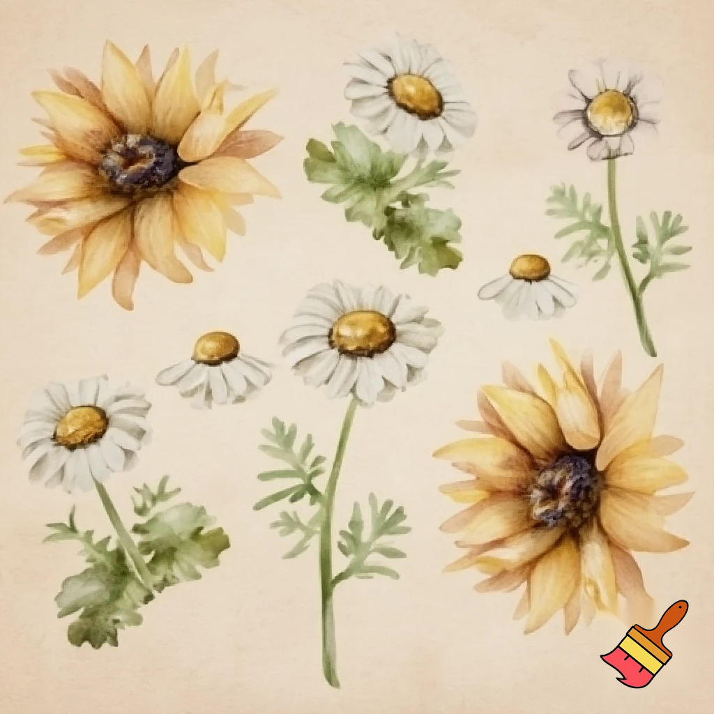 A watercolor botanical illustration on textured paper, featuring sunflowers and matricaria chamomilla (chamomile) flowers arranged in various natural positions. Each flower is delicately hand-painted with soft, muted colors and detailed leaves, inspired by vintage botanical studies. The artwork should have a harmonious composition, with warm earthy tones, subtle shadows, and a gentle, natural feel, matching the style of traditional watercolor plant illustrations.