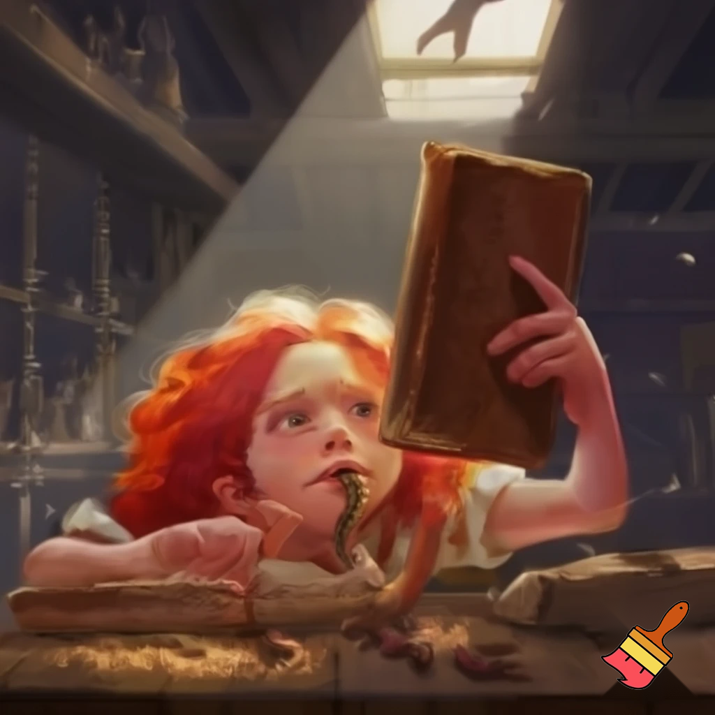 Red head 11 year old eating worms while reading a book upsidedown