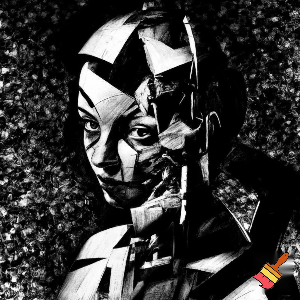 Bio-mechanical girl portrait, noise art. In the style of a 1920's German Expressionism. Black & white.