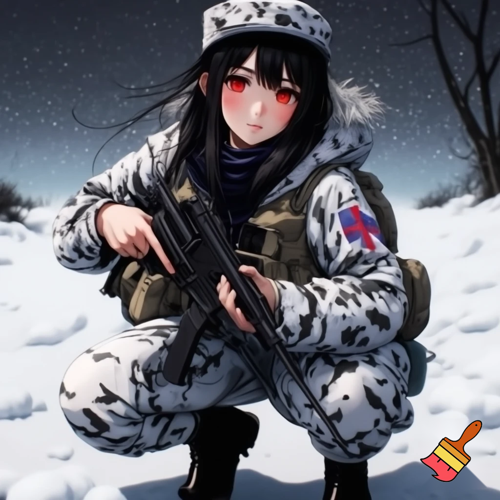 realistic colours, zoomed out veiw. large eyes looking to the left behind the camera, long black hair, red eyes, 19 years old girl. wearing white military camo clothing, jacket and pants  with british sas flag on the sleeve, kneeling in snow, holding a rifle. anime stye 