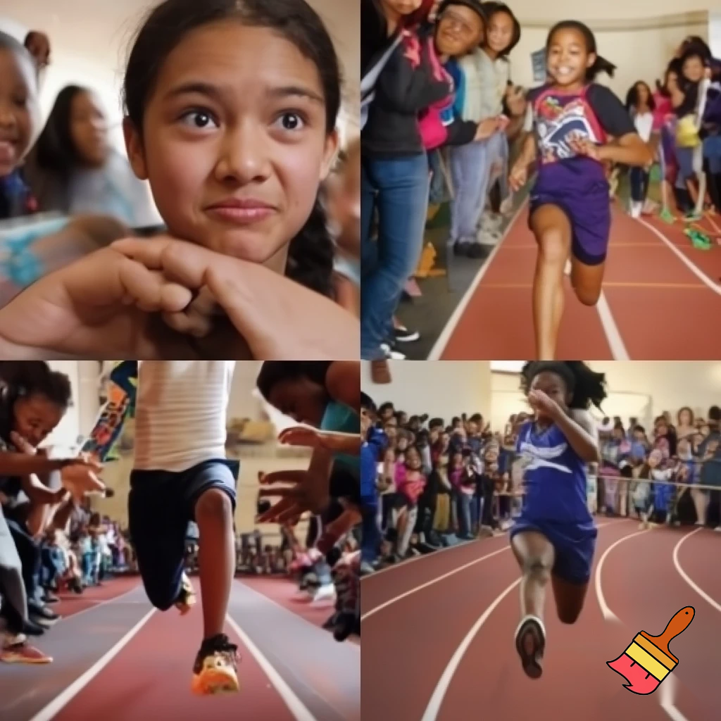 create a photo sequence (4 photos) in order. photo 1, a girl student is told by her teacher that she will compete in the schools 100 meter race. photo 2, the girl student is very nervous. photo 3, the girl gets encouragement from her classmates that she can do well in the 100 meter competition. photo 4, the girl competes and wins the 100 meter race.