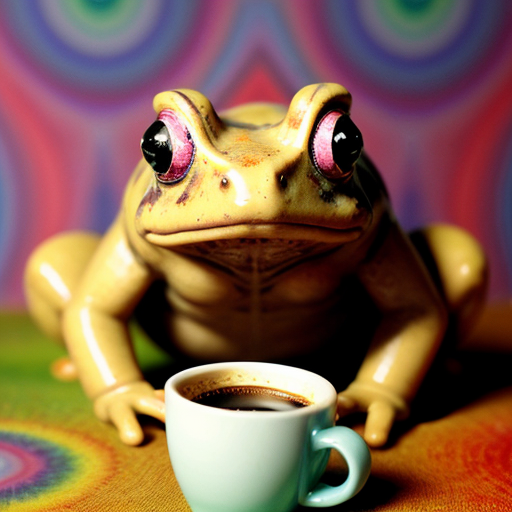 A hillarious, funny boho toad with some hippie colored coffee cups. Psychedelic decorated background, hyperrealistic. Close-up view.