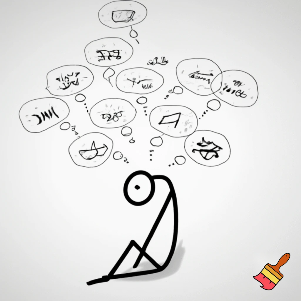 Hook / Brain thinking

Minimalist stick figure sitting, thinking with multiple thought bubbles above head, black and white, xkcd-style, simple cartoon illustration