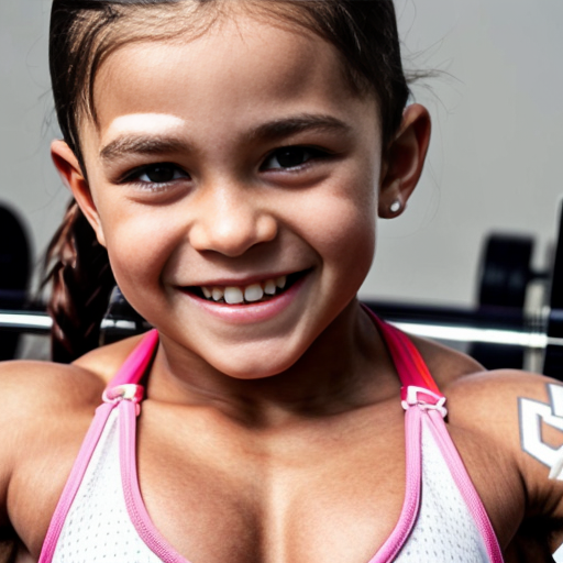 A cute super muscular kid bodybuilder girl is wearing a thong bikini, she is flexing her biceps and is smiling at the camera., close-up portrait, her muscles are large and defined.