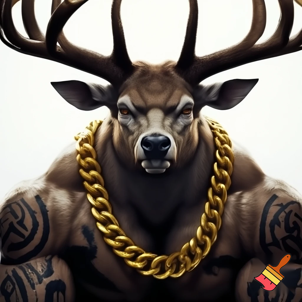 mugshot of a buff deer with goldchain and tatoos