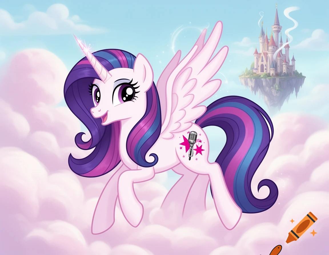 A cute Alicorn pony named Misty Rose in the style of My Little Pony: Friendship is Magic. White coat with very soft pale pink tones, long flowing mane and tail in purple and blue like Fluttershy's. Shiny glossy horn, large elegant wings like Twilight Sparkle's. Friendly, sweet expression. Cutie mark: two fuchsia stars with a microphone in the center, surrounded by small pink stars. Bright pastel 2D cartoon style, magical and cheerful atmosphere. In the background a castle in clouds, she fly.
