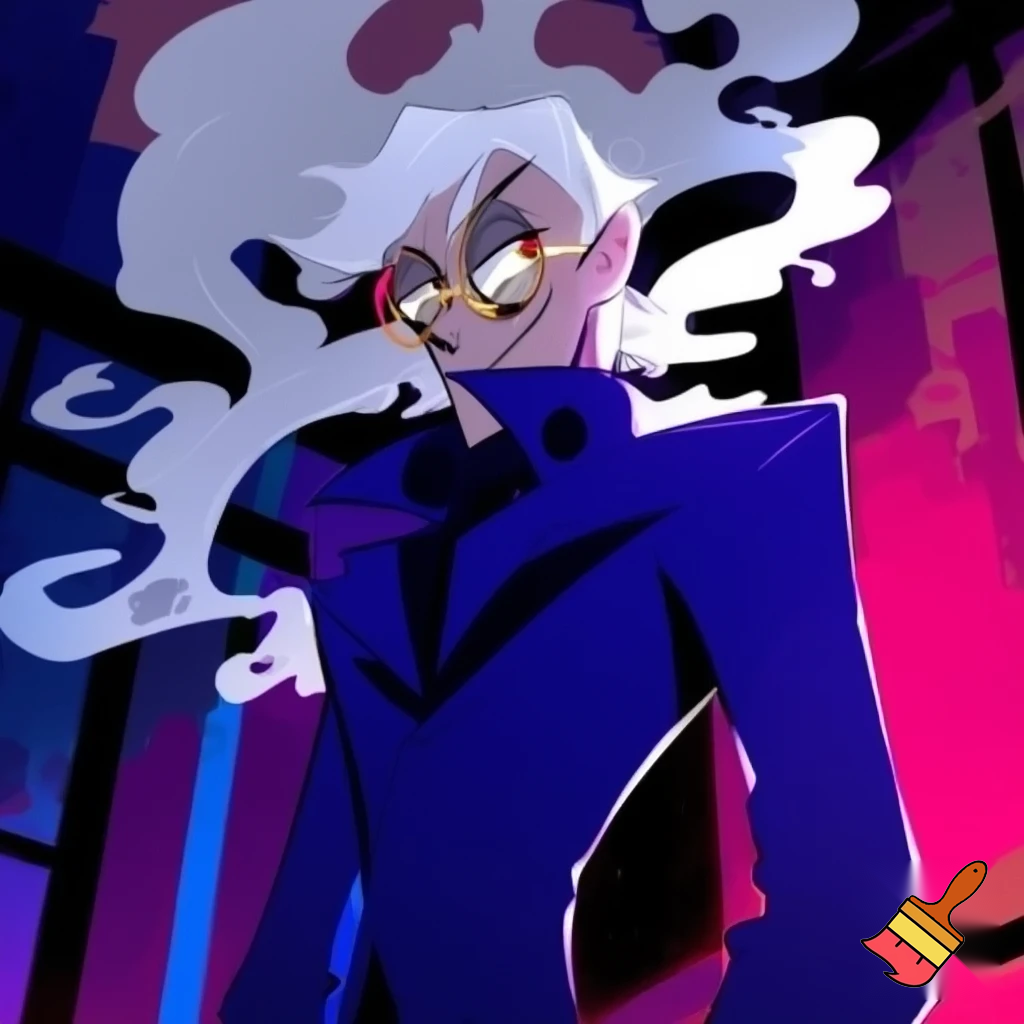 A tall, lean pale man with white hair, distinctive round brass glasses In cartoonish art style of hazbin hotel wearing his signature blue overcoat and smoke curling around him