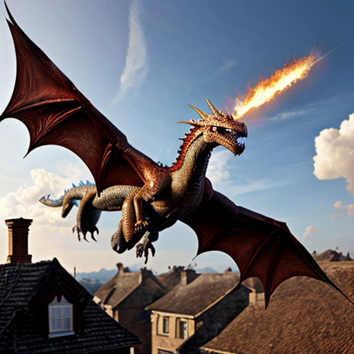 Draw me a mythological dragon flying through the sky above a village, breathing fire on the houses