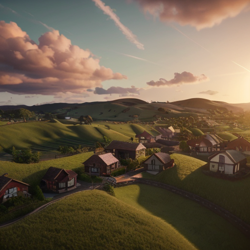 liminal space, dreamcore Whimsical, dreamlike aerial view of rolling green hills dotted with small houses, dramatic cumulus clouds illuminated by golden hour sunlight, Studio Ghibli inspired, painterly, soft focus, vibrant emerald greens and pastel sunset hues, serene atmosphere, cinematic wide shot, high detail, octane render --ar 9:16 --v 6 --style raw