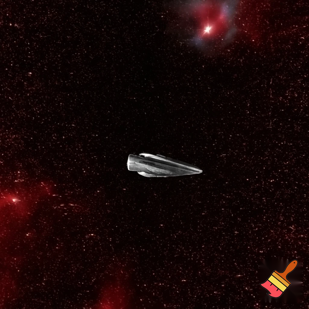 spaceship, seen from afar, crossing space full of red and white stars