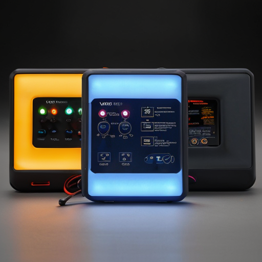 GL918 jump starter and air compressor, floating front panel separated by 1mm gap with continuous ice-blue LED strip around the panel edge. The floating panel holds dual LCD screens (side by side) and five touch zones. Main body is rounded rectangular with smooth curves. Type-C cable in bottom slot. Matte dark grey, seamless gap. Studio shot, dark background, blue outline glow, 8K, --ar 16:9 --v 6.1