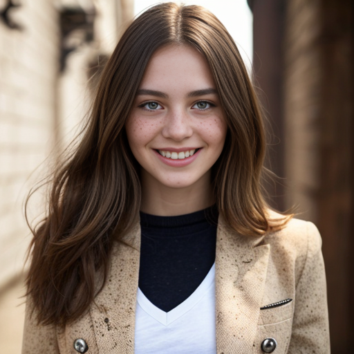 A young, light-skinned woman is positioned in the center of the frame, smiling broadly with her head tilted slightly. She appears to be in her early twenties. Her short, choppy hair is dark ginger color. She's wearing a light olive blazer over a white t-shirt. The woman has a slender build.
er skin is heavily speckled with numerous, small freckles, a prominent feature that covers her face, including the forehead, cheeks, nose, and chin.   The environment has a casual, bright feel. The perspective is at eye-level. The composition is well-balanced, emphasizing the subject's cheerful expression. The lighting is soft, highlighting the colors of her clothing and hair. The style is contemporary and youthful.
