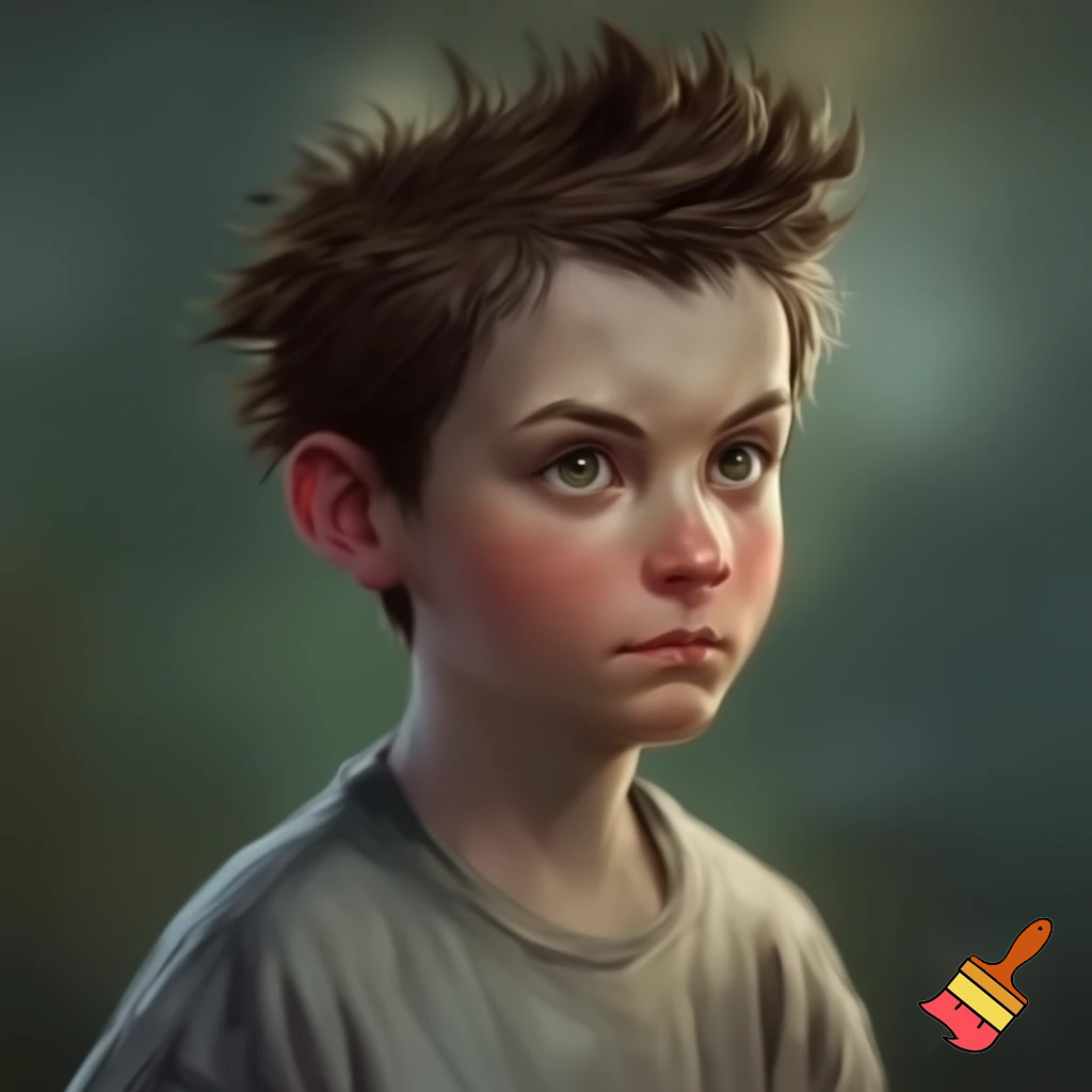 Boy about 11 years old with brown, patchy and sharp hair with dirty shirt