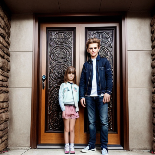A door with weird mystical engravings and a girl and boy standing in front of it.