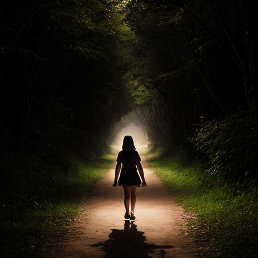 “Teen girl walking home through Amazon path, soft mystical glow behind her.”