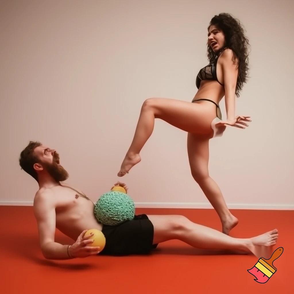                                                                                                               A very attractive woman pulling really hard on a mans balls, attempting to rip them off. Man is naked and laying on the floor, woman in bikini and standing with one foot on his stomach, and the man is screaming