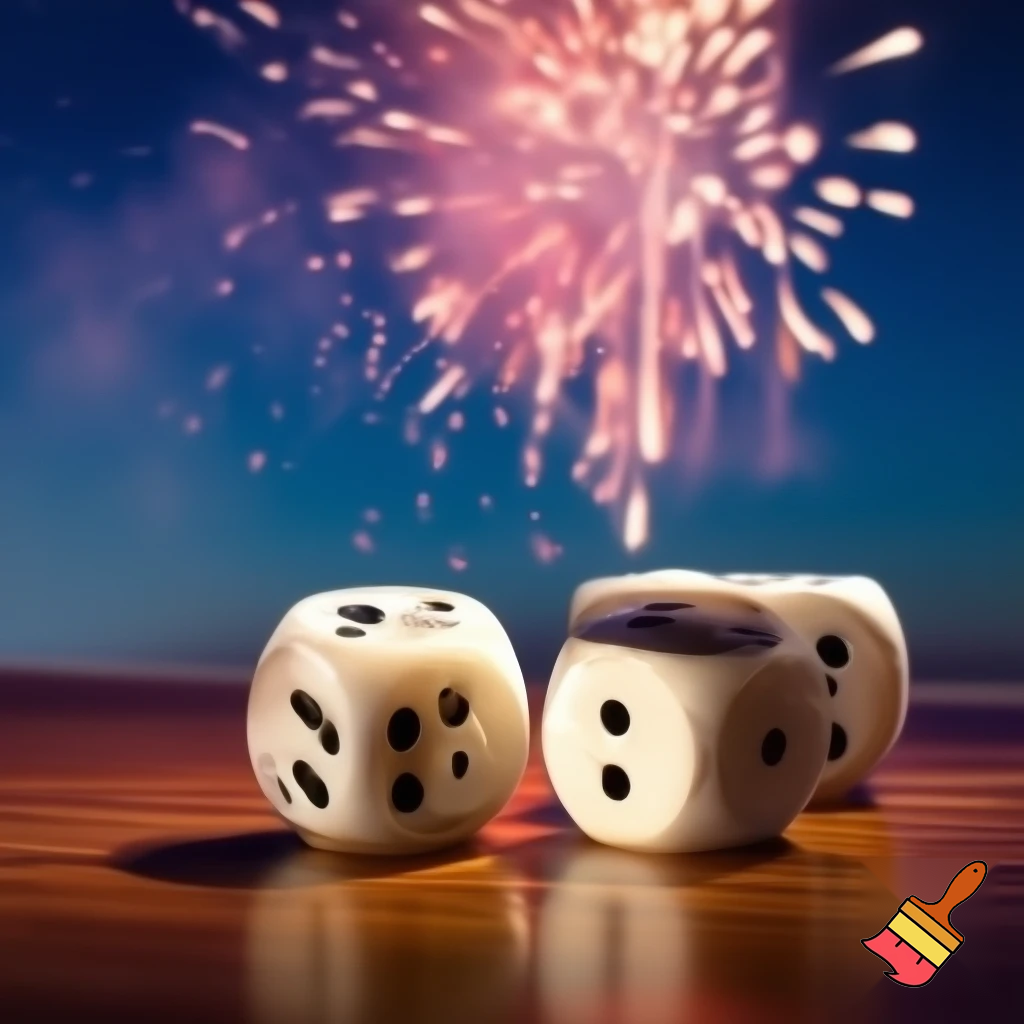 erstelle ein foto mit drei würfeln, der linke würfel hat auf jeder seiner sechs flächen nur die 2 als augenzahl, der mittlere würfel hat nur die 4 auf jeder seite, und der rechte würfel hat nur die fünf als augenzahl, es sind weiße spielwürfel auf einer tischplatte, im hintergrund sieht mein ein silvesterarrangement mit feuerwerk, romantisches bild
