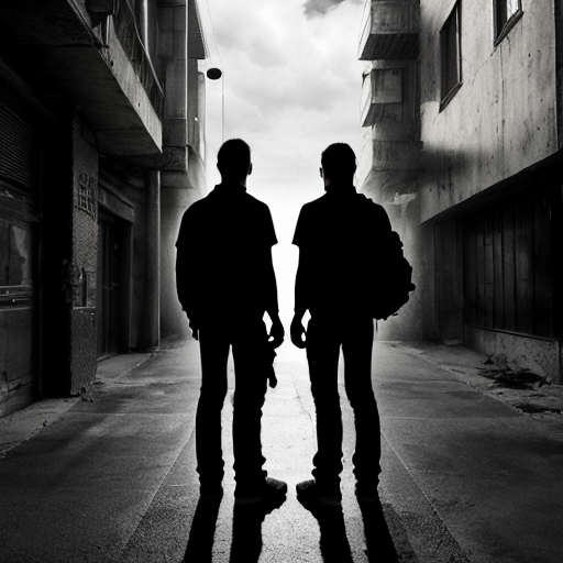 Two young adult brothers, slightly older than teenagers, standing back-to-back, looking forward in a gritty urban setting. They have North African features and wear casual, slightly worn street clothes. Each holds only one pistol, symbolically, representing strength, loyalty, and brotherhood. Stylized, semi-realistic illustration in black and white, cinematic lighting, moody and dramatic atmosphere. Iconic, emblem-like composition suitable for a clothing brand logo. Focus on attitude and symbolism, not realistic violence. Slightly exaggerated, graphic illustration style