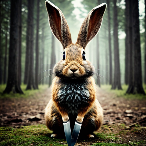 European rabbit, holding knife, forest, evil