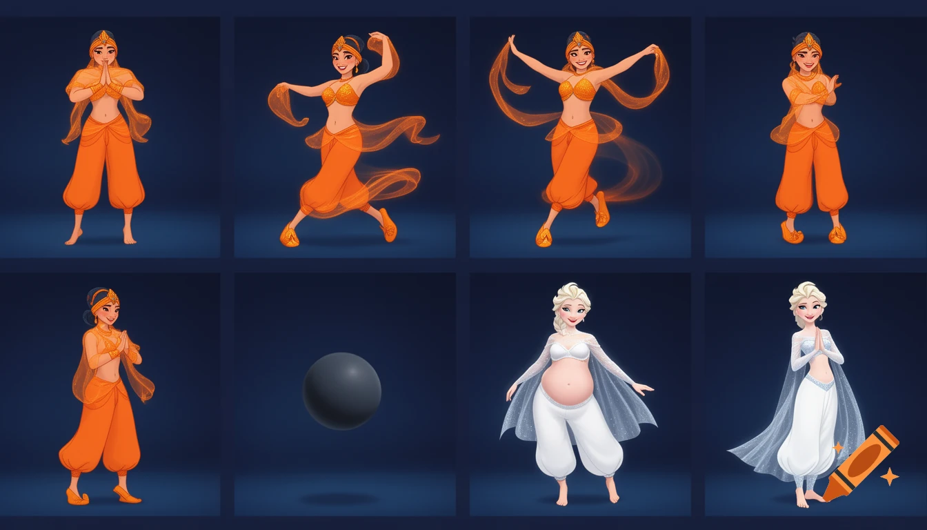 90's disney's 2d aladdin style comic dark blue background and panels of panel 1 raya barefoot with orange harem pants and orange bra and orange curved slippers with both hand palms place together and hiding the bottom of her mouth with a orange veil wrapped around her arms and attached to her head. 
panel 2 she danced with orange harem pants with orange bra and orange curved slippers with a orange veil wrapped around her arms and shoulders and raising legs and bounced up and down her belly and shook her hips left and right. 
panel 3 as raya with orange harem pants and orange bra and orange curved slippers spreading her arms, happily revealing her face to the viewer and giving a smile as she turns around shook her butt left and right. 
Panel 4 raya with orange harem pants and orange bra and orange curved slippers started to fading away , except her belly, which is bouncing around. 
Panel 5 then the ball transforms into the fading in belly of elsa barefoot with white harem pants and white bra and white veil wrapped around her arms and shoulders with her swaying her hips. 
Panel 6 elsa barefoot with white harem pants, white bra and white veil wrapped around her arms and shoulders and with her hand palms place together between her chest and she gives a smile and winking her left eye.  