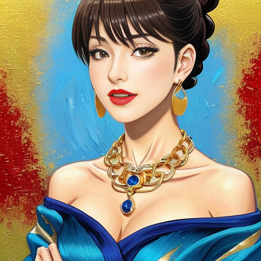 Generate an art-portrait of a young Latina woman. She wears a blue satin off-the-shoulder top, red lipstick. With jewellery: big golden necklace and great earrings with sapphires. The image has a background with gold flakes and gold leaf. Painting oil on canvas in the style of Vincent van Gogh. 